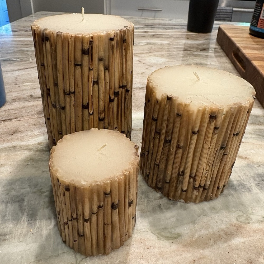 Biedermann & Sons Set Of 3 Bamboo Reed Pillar Candles